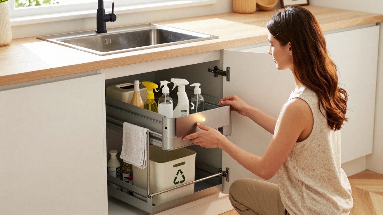 Frau organisiert Reinigungsmittel und Recyclingbehälter in Küchenschrank unter Spüle.