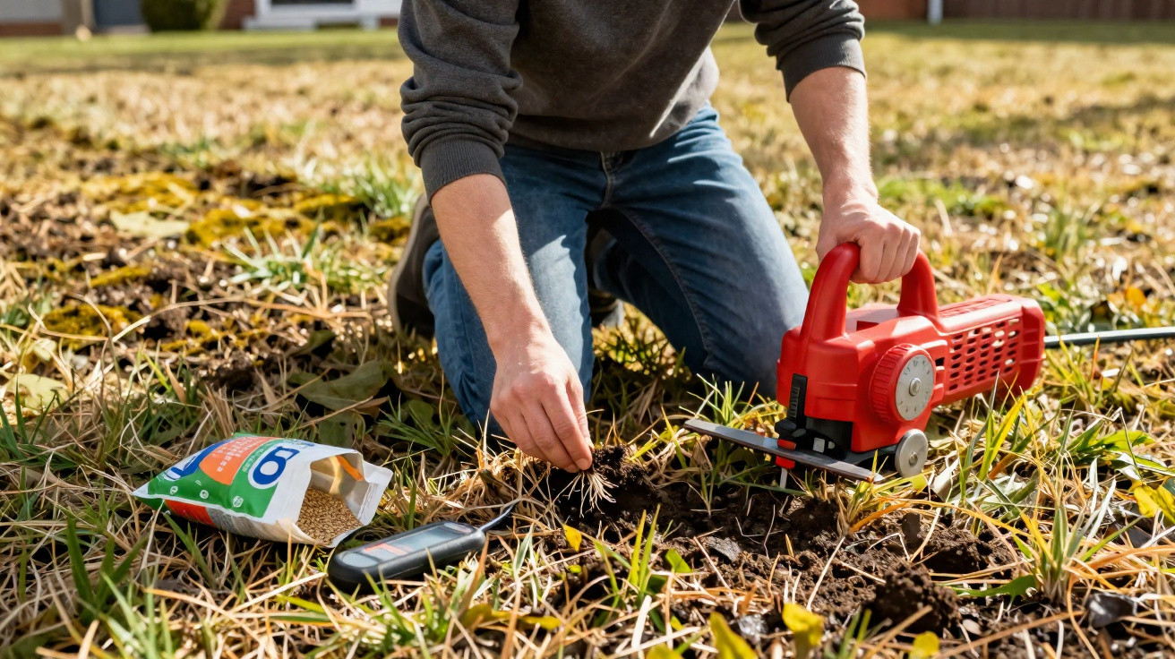 Person kniet auf Boden und benutzt rot elektrisches Gartenwerkzeug zum Bodenlockern bei Saatgut aus Tüte