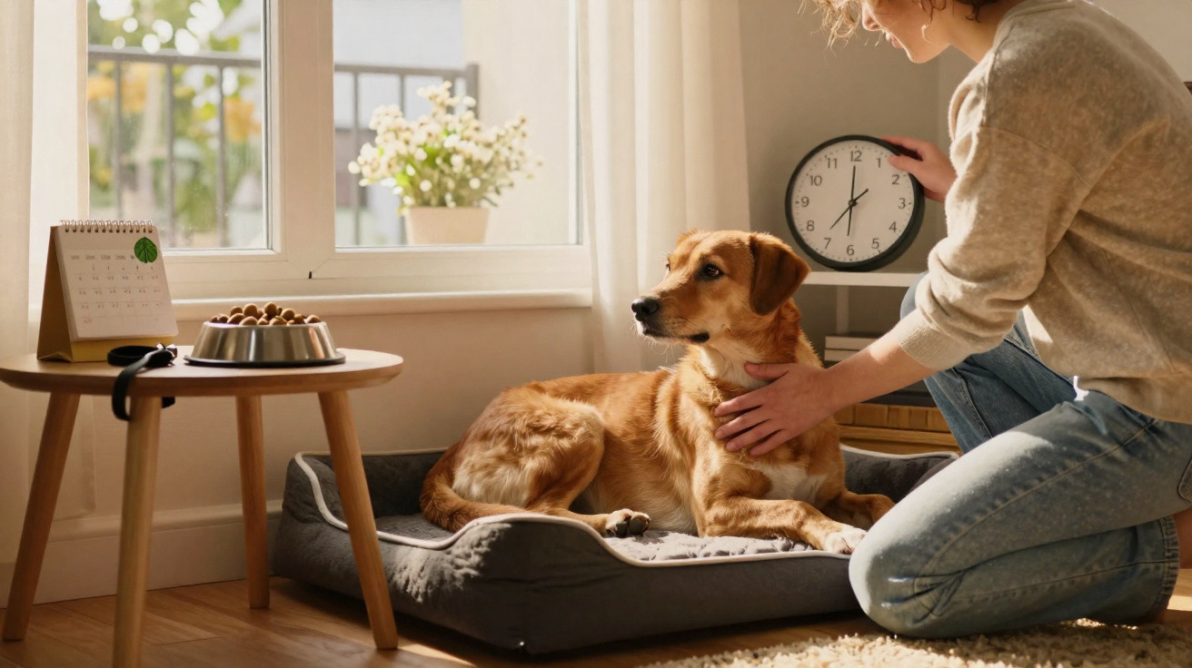 Frau kniet neben braunem Hund auf Hundebett im sonnigen Wohnzimmer, Futternapf und Uhr im Hintergrund.