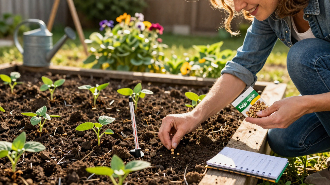 Frau setzt Sojabohnensamen in ein Hochbeet im Garten, umgeben von jungen Pflanzen und Blumen.