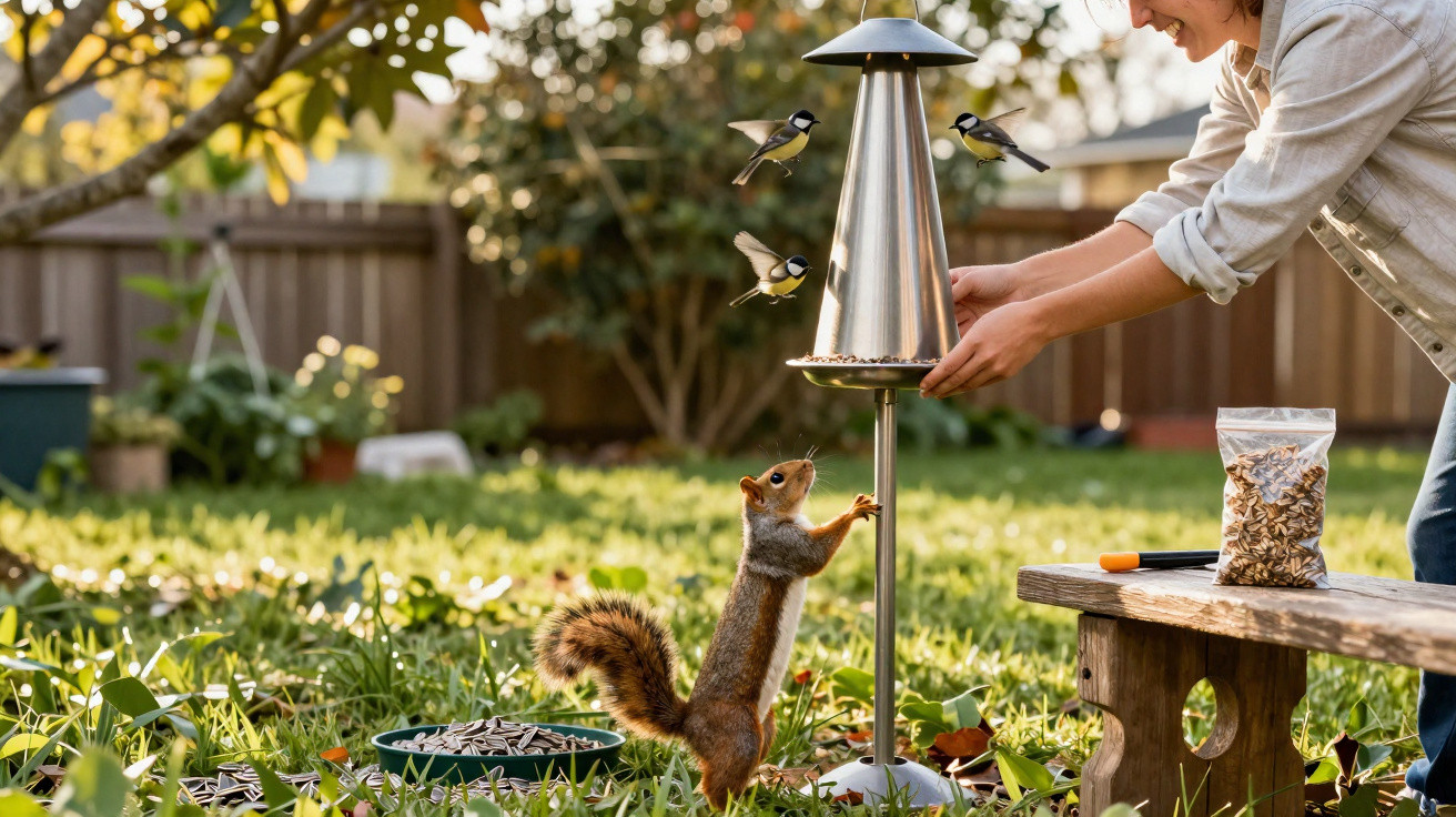 Frau füllt Vogelfutterspender, Eichhörnchen und drei Vögel warten im Garten auf Futter.
