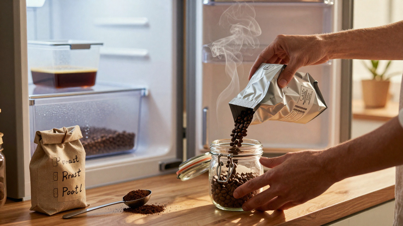 Person füllt frisch geröstete, dampfende Kaffeebohnen in ein Glas auf einer Küchenarbeitsplatte ab.