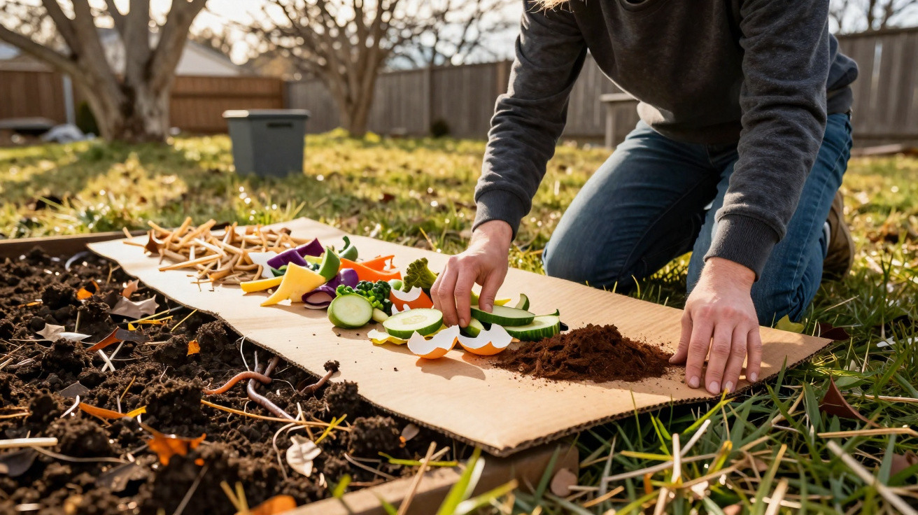 Person kniet auf Gras und ordnet Gemüse, Erde und Stöcke auf einem Karton im Garten an.