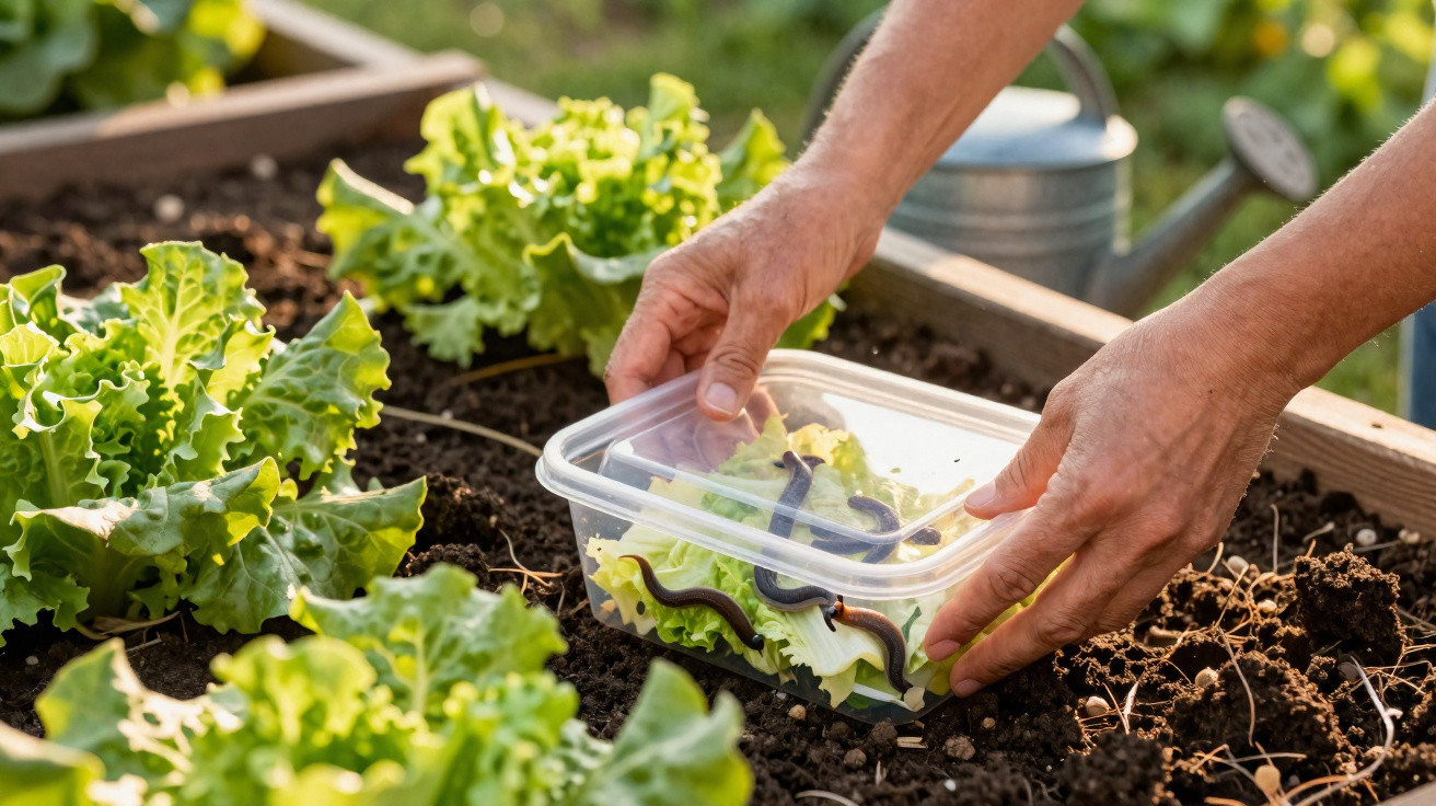 Hände platzieren eine Plastbox mit Nacktschnecken und Salat in einem Gemüsebeet.