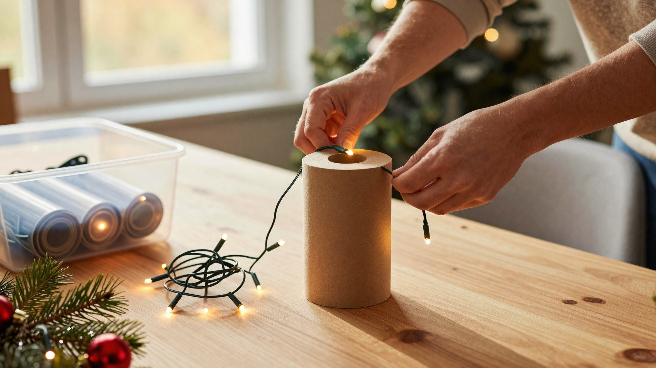 Person befestigt Lichterkette an braunem Zylinder auf Holztisch mit Weihnachtsbaum im Hintergrund.