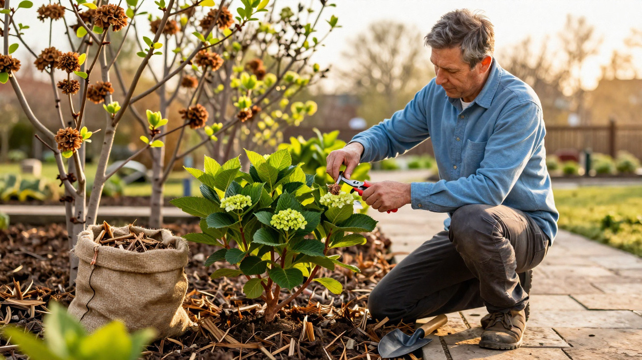 Mann schneidet im sonnigen Garten mit Gartenschere Blüten einer Pflanze zurück.