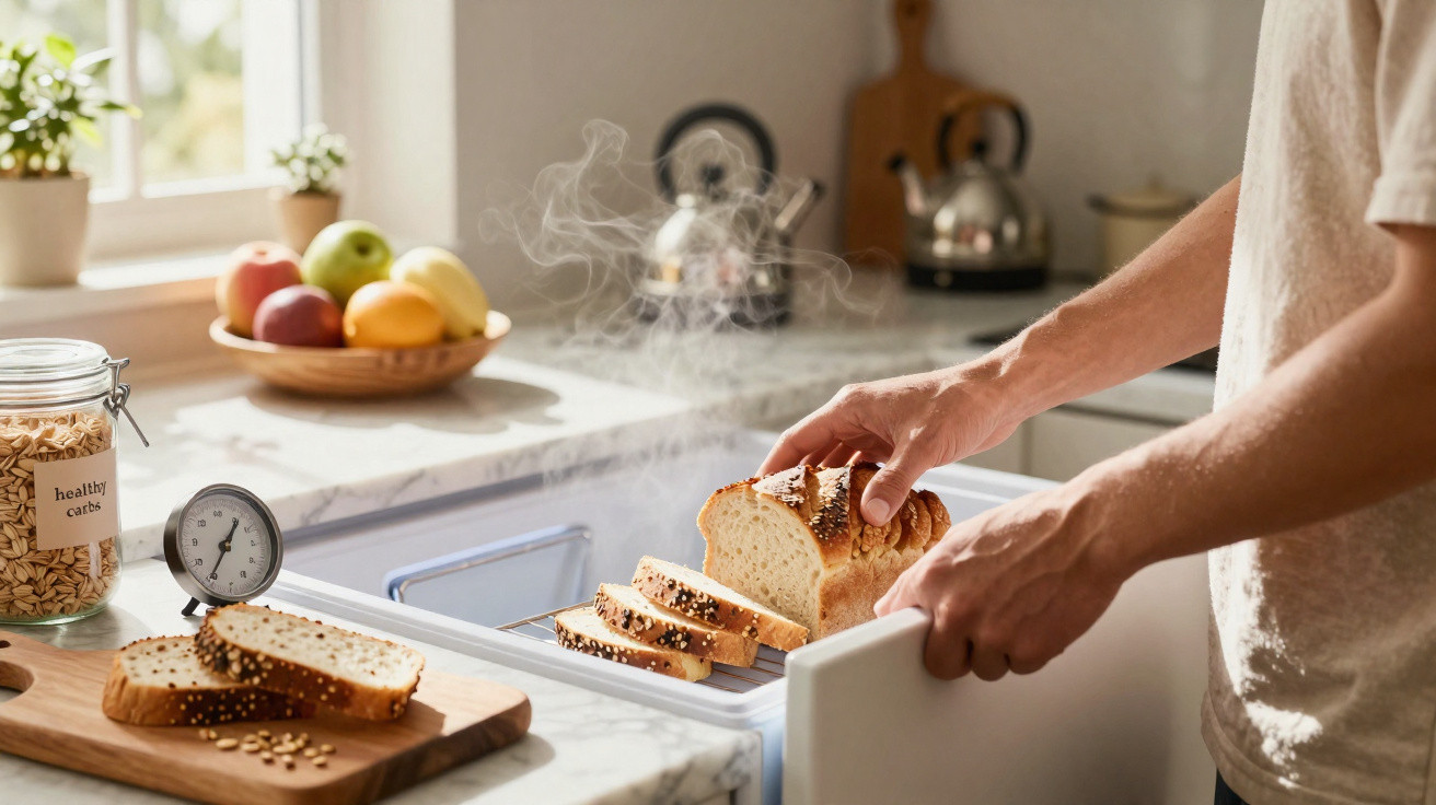 Person holt frisch gebackenes, dampfendes Brot aus einem kleinen Backofen in einer hellen Küche.