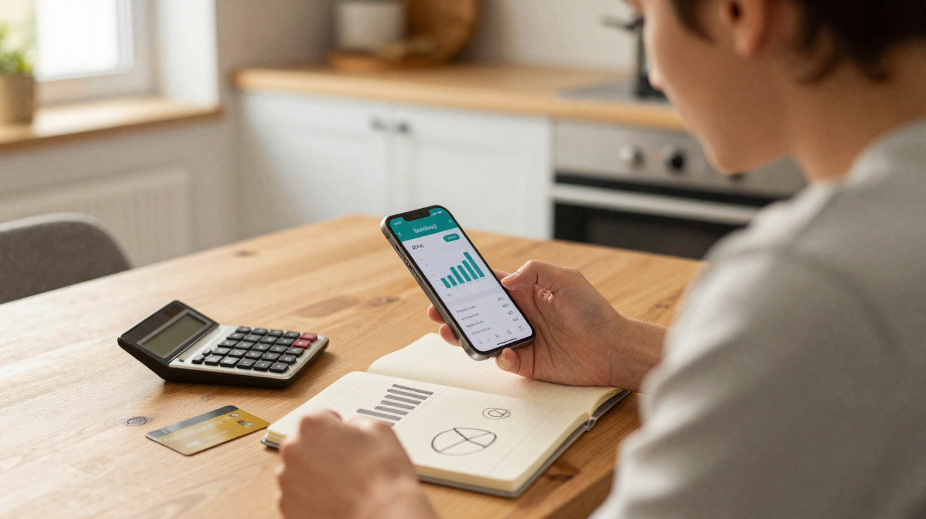 Person betrachtet Finanzdiagramme auf Smartphone und in Notizbuch, Taschenrechner und Kreditkarte auf Tisch