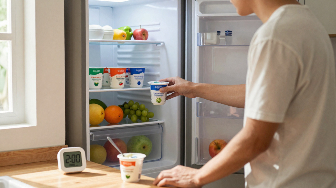 Person entnimmt Becher Joghurt aus einem Kühlschrank mit Obst und weiteren Joghurts.