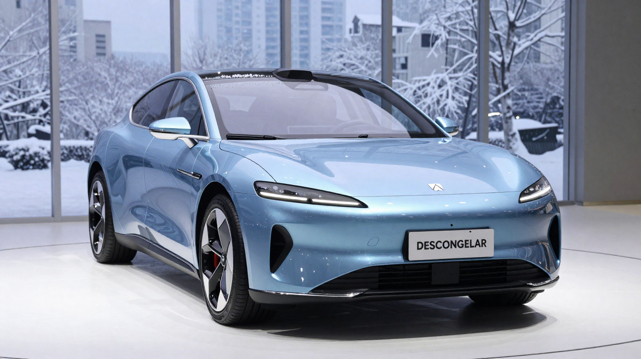 Blaues modernes Elektroauto in einem hellen Ausstellungsraum mit verschneiter Stadtansicht im Hintergrund.