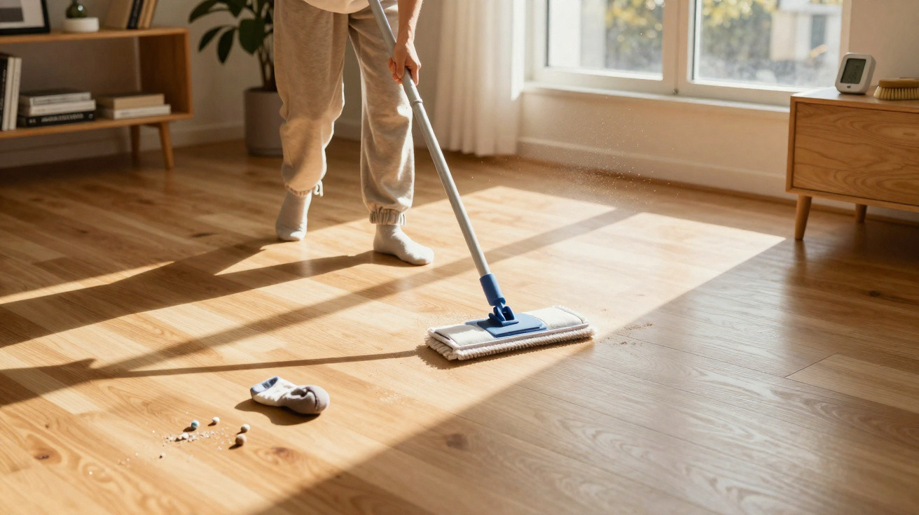 Person wischt mit Mop verschmutzten Holzboden in hellem Wohnzimmer mit großen Fenstern.