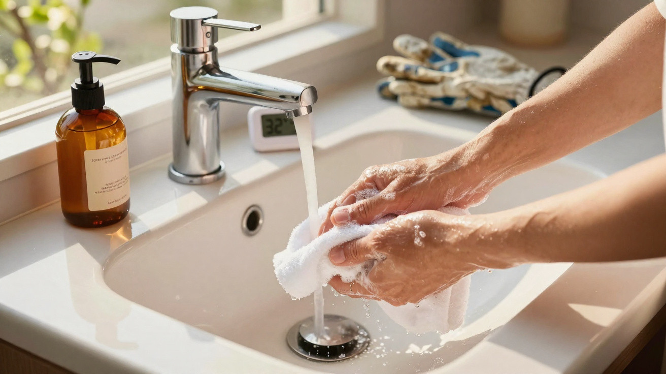 Person wäscht Hände mit Seife unter laufendem Wasserhahn in einem weißen Waschbecken am Fenster.