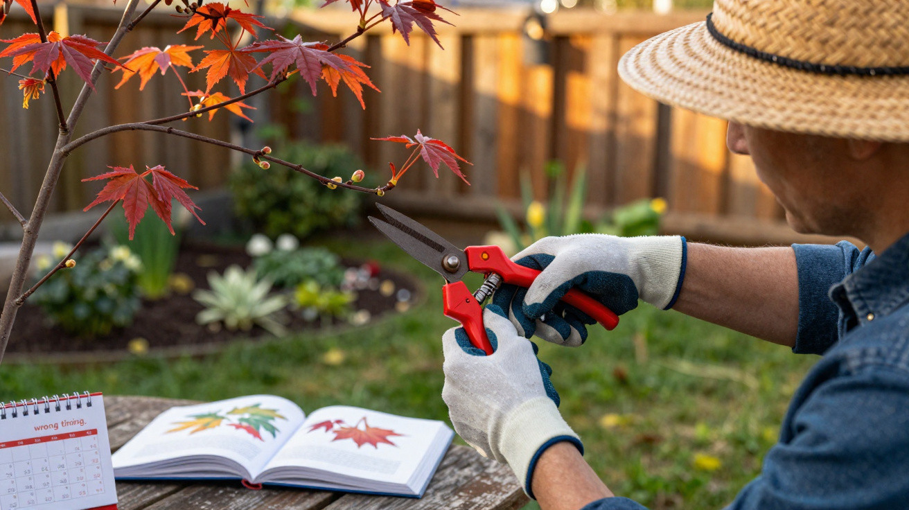Person mit Handschuhen und Strohhut schneidet im Garten einen Ast mit rotem Ahornblatt ab.