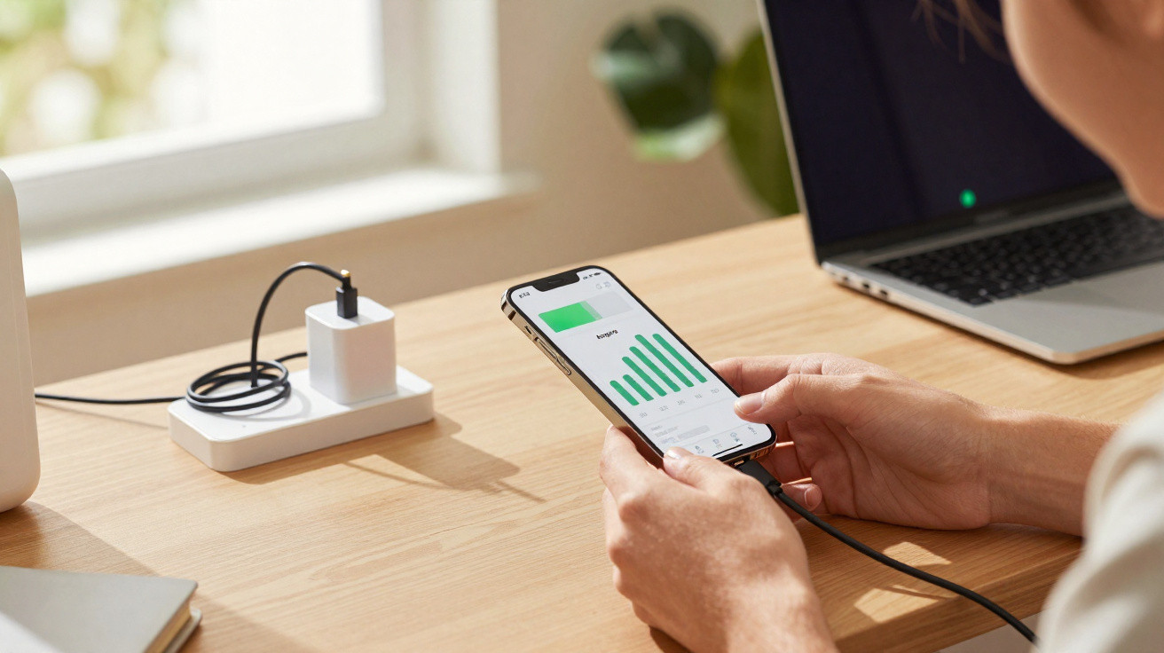 Person hält ein Smartphone mit Ladeanzeige, das über ein Kabel an eine Steckdose am Schreibtisch angeschlossen ist.