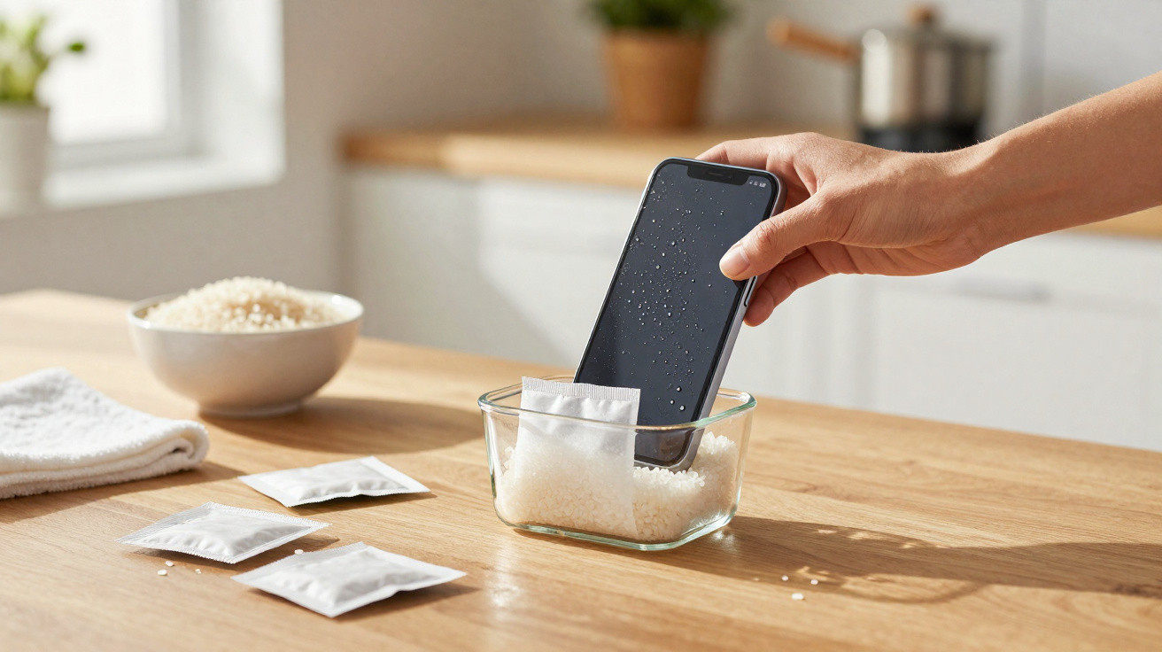 Hand legt feuchtes Smartphone in Schale mit Reiskörnern zur Trocknung auf Holztisch in Küche.