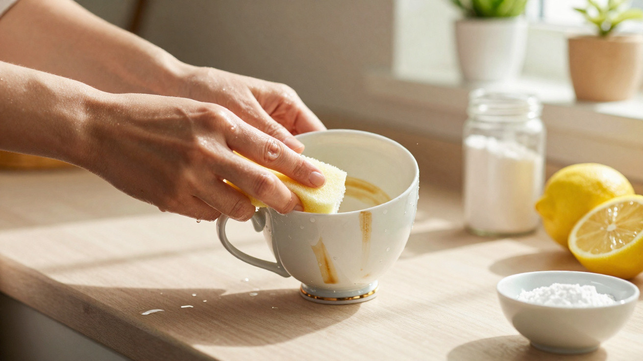 Hände reinigen eine schmutzige Tasse mit einem Schwamm auf einer Küchenarbeitsplatte.