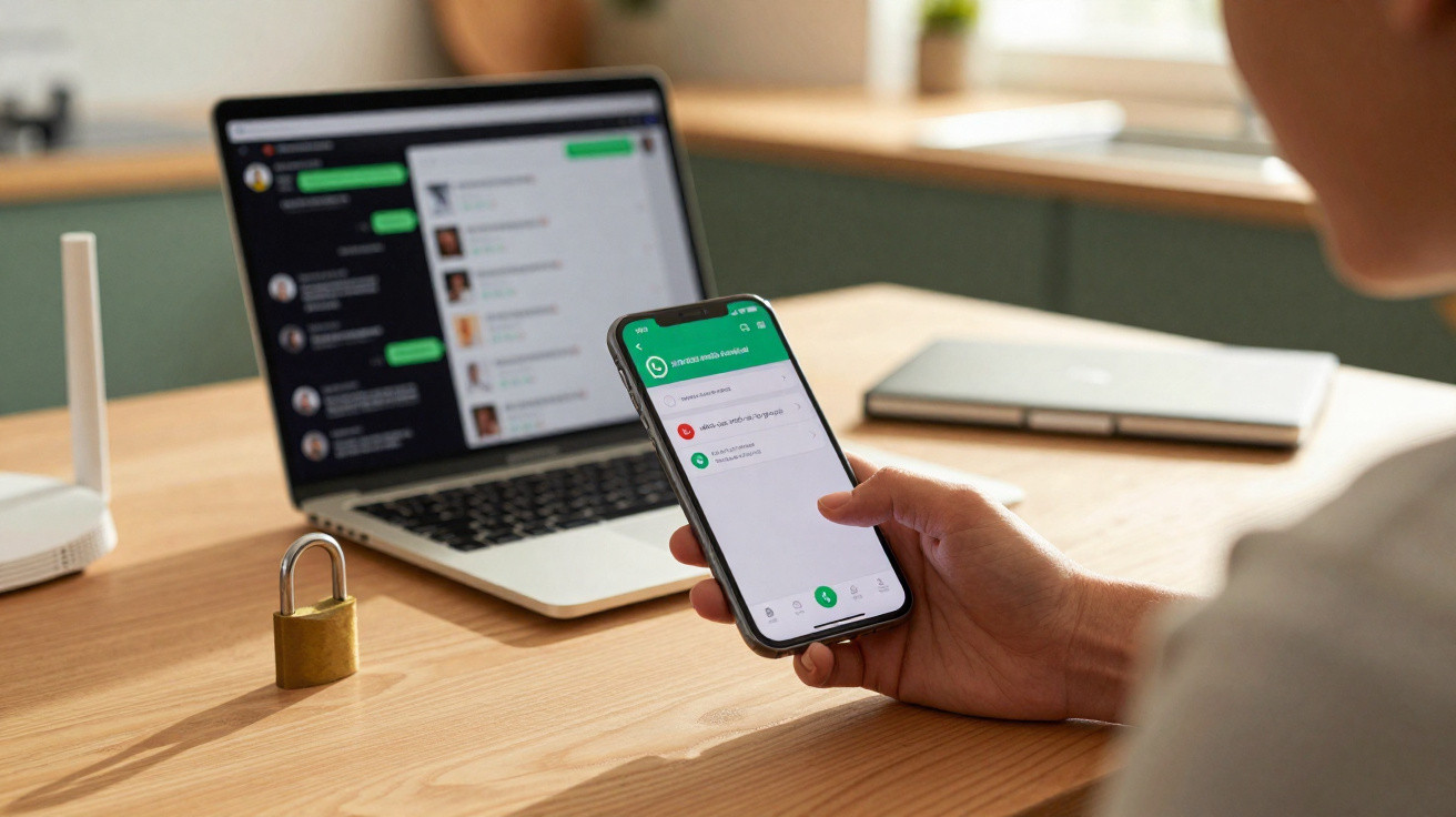 Person hält Smartphone mit WhatsApp, Laptop mit geöffnetem Messenger und Vorhängeschloss auf Holztisch in Büro.