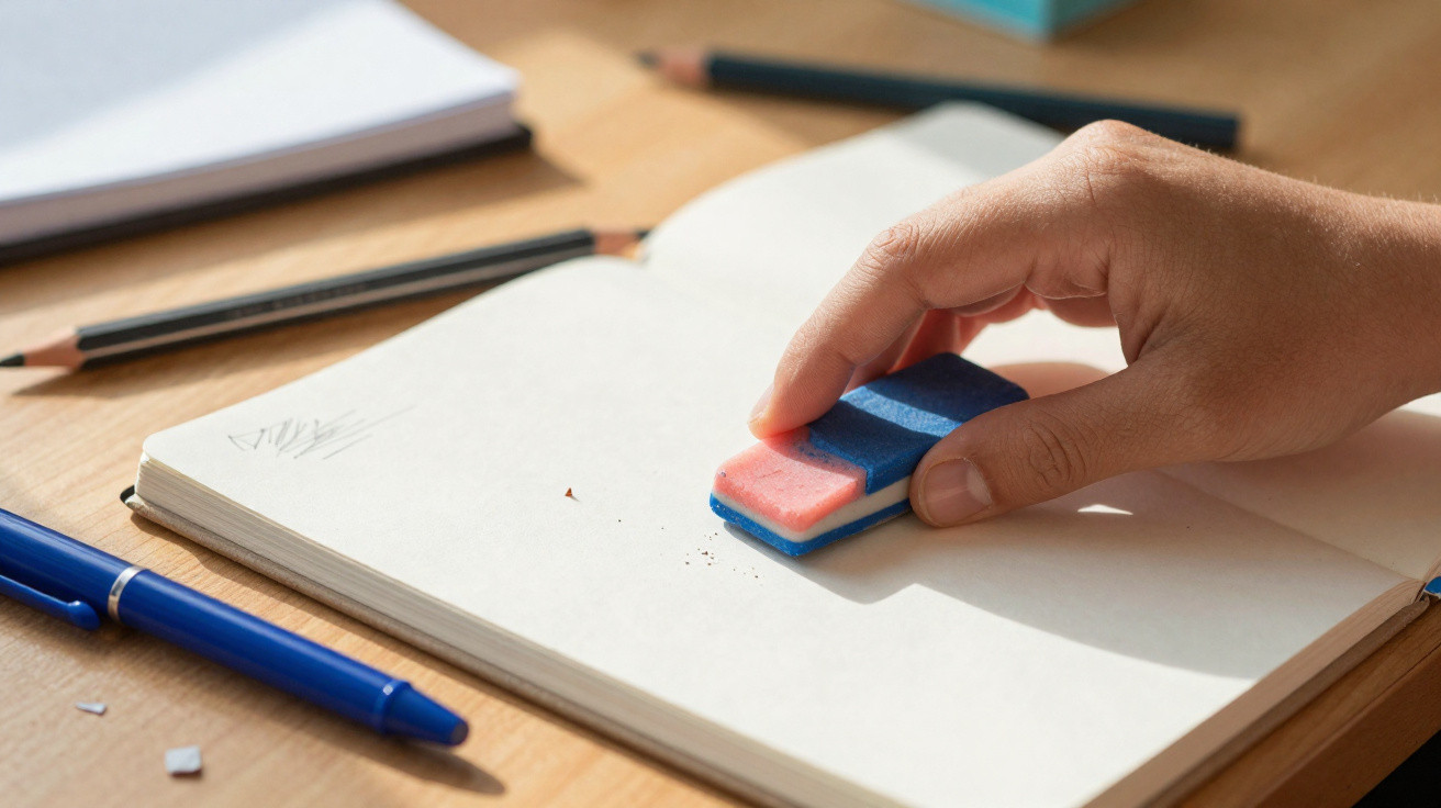 Hand radiert mit blau-rotem Radiergummi auf weißem Notizbuch, Stifte liegen auf Holztisch.