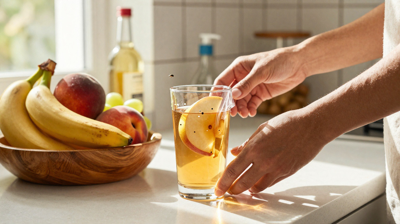 Eine Hand hält ein Glas mit Apfelscheiben und Getränk neben einer Obstschale auf einer Küchenarbeitsplatte.