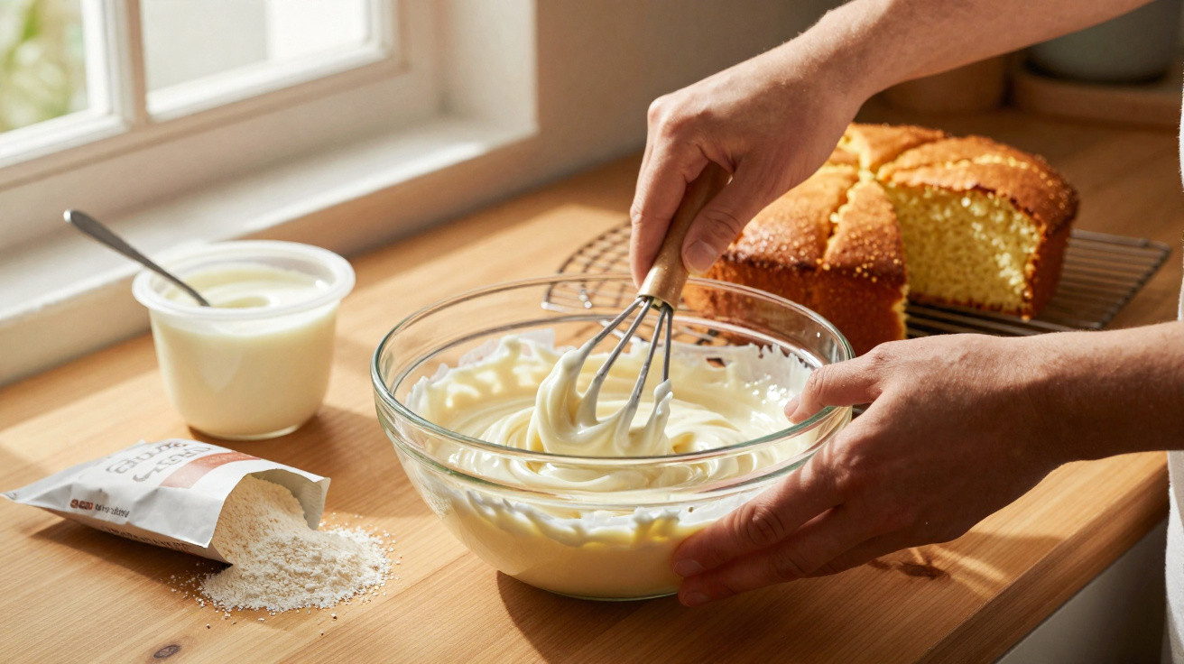 Hände schlagen Sahne in einer Glasschüssel neben frisch gebackenem Kuchen und Zutaten auf Holzarbeitsplatte.