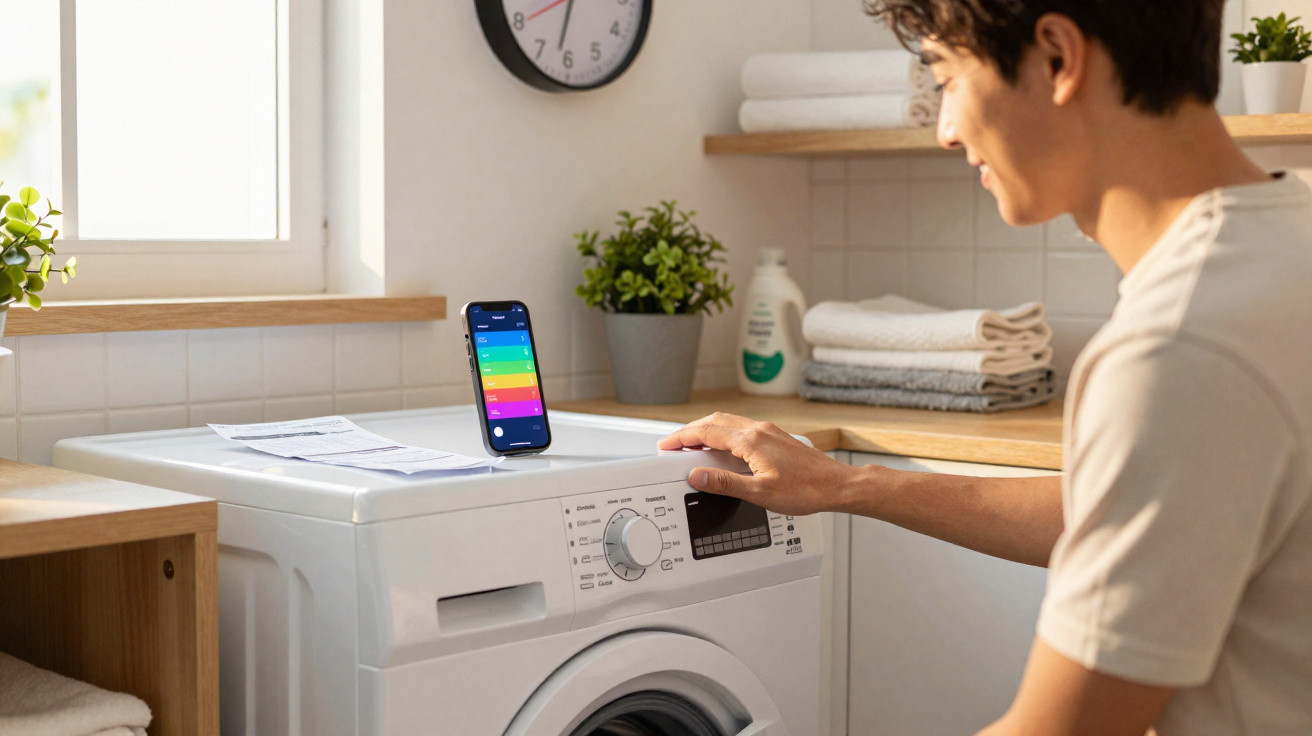 Mann bedient Waschmaschine in hellem Waschraum mit Smartphone auf der Maschine und Wäsche im Hintergrund.