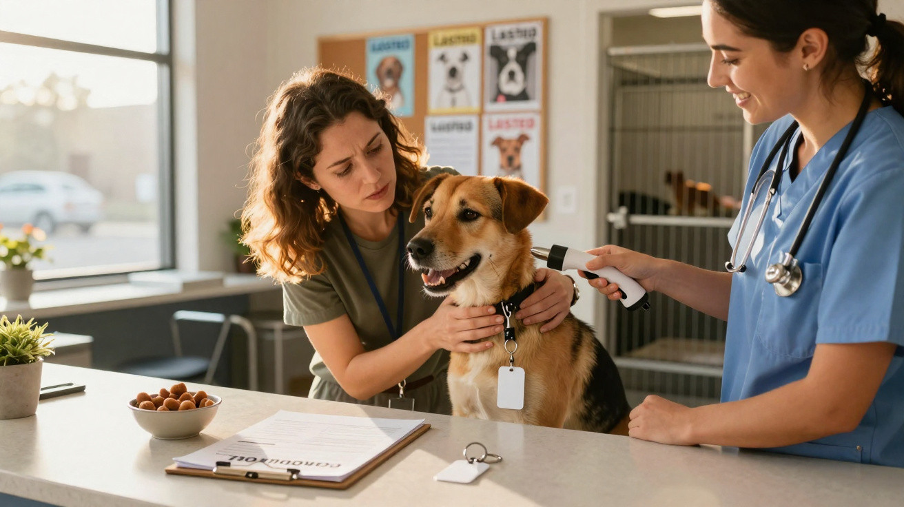 Tierärztin untersucht einen Hund, während Besitzerin ihn beruhigend hält in einer Praxis mit Hundeplakaten.