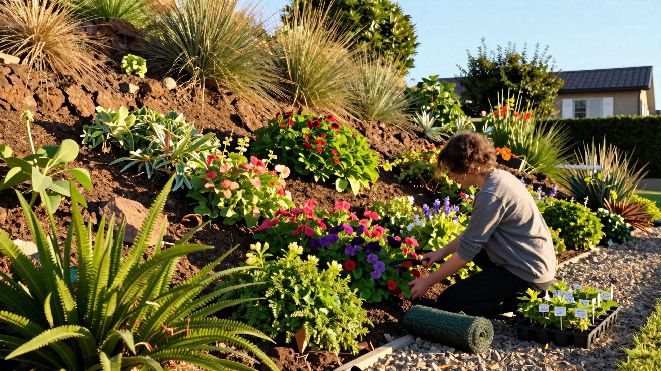 Kind pflanzt bunte Blumen in einem sonnigen Garten mit verschiedenen Pflanzen und Steinen.