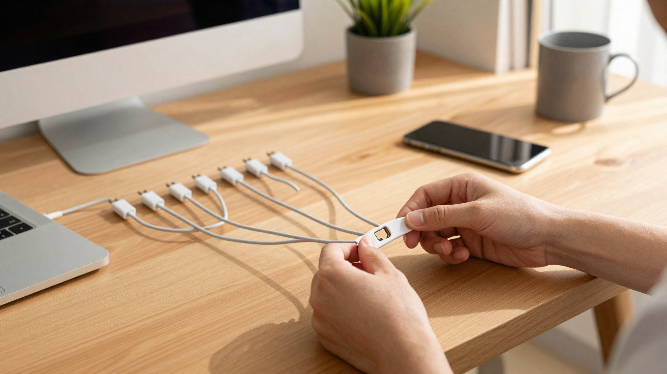 Person hält USB-Dongle, mehrere weiß Kabel an Laptop und Monitor auf hellem Holzschreibtisch verbunden.
