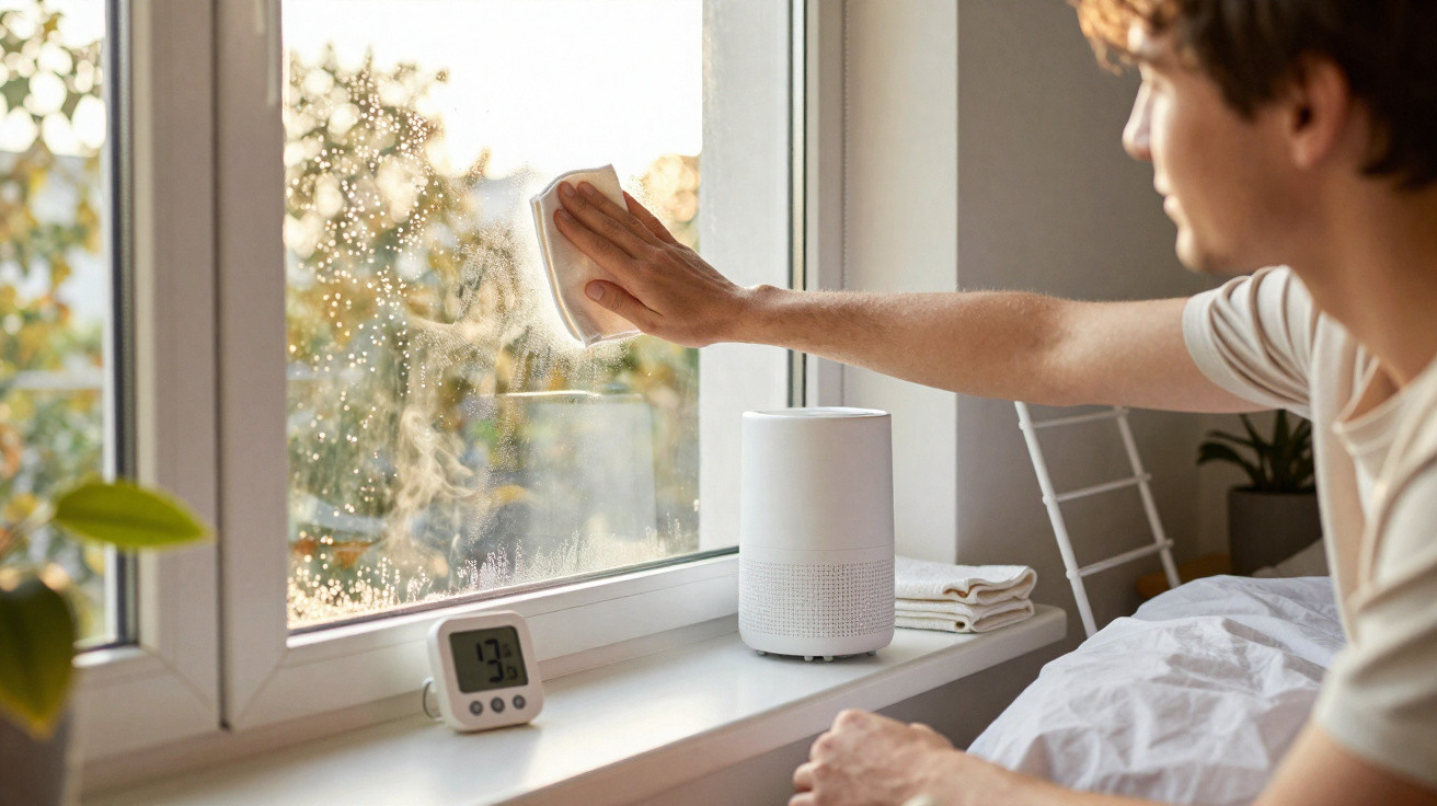 Mann wischt mit Tuch beschlagenes Fenster an einem sonnigen Tag in hellem Zimmer ab.