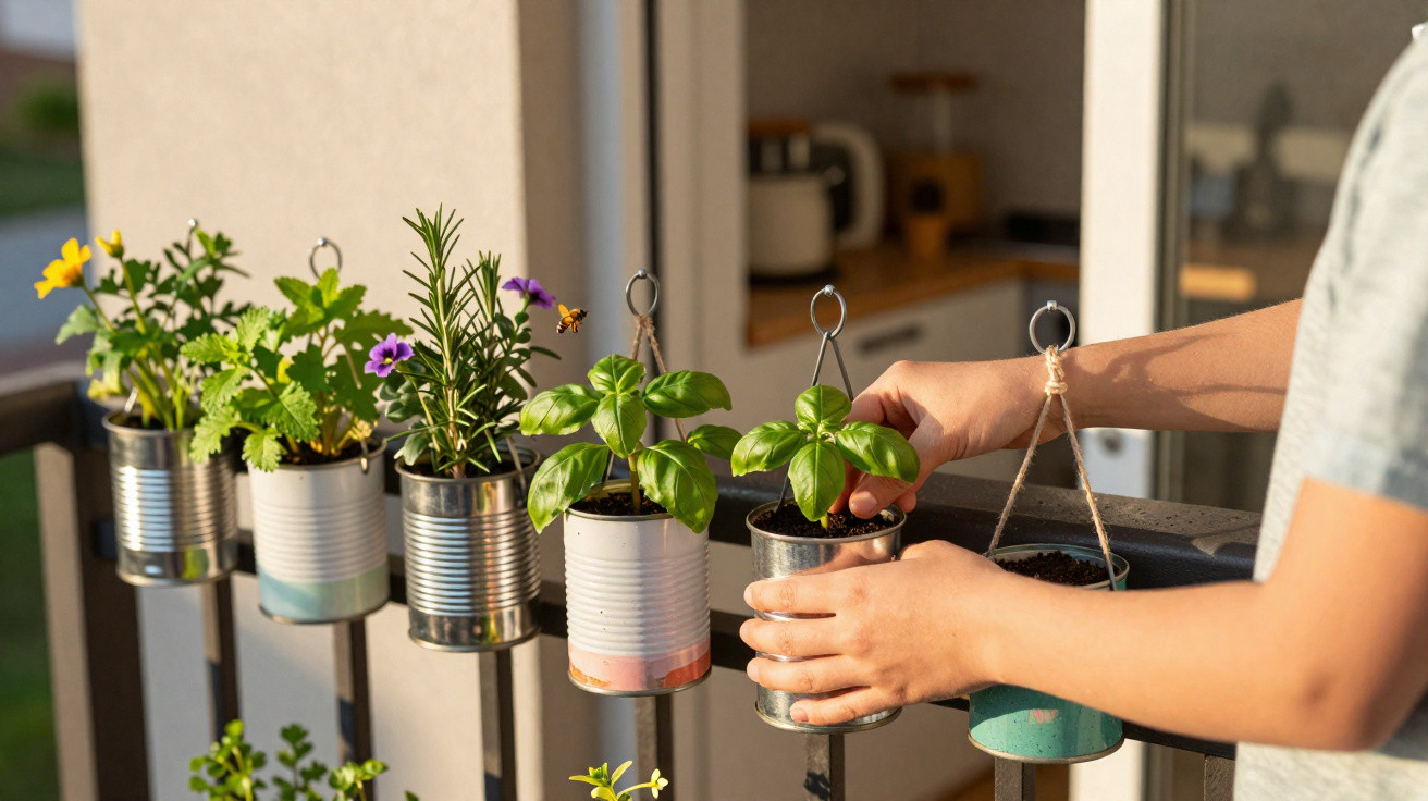 Hängende Pflanzen in Dosen an Balkon mit zwei Händen, die eine Pflanze berühren, Sonnenlicht am Abend.