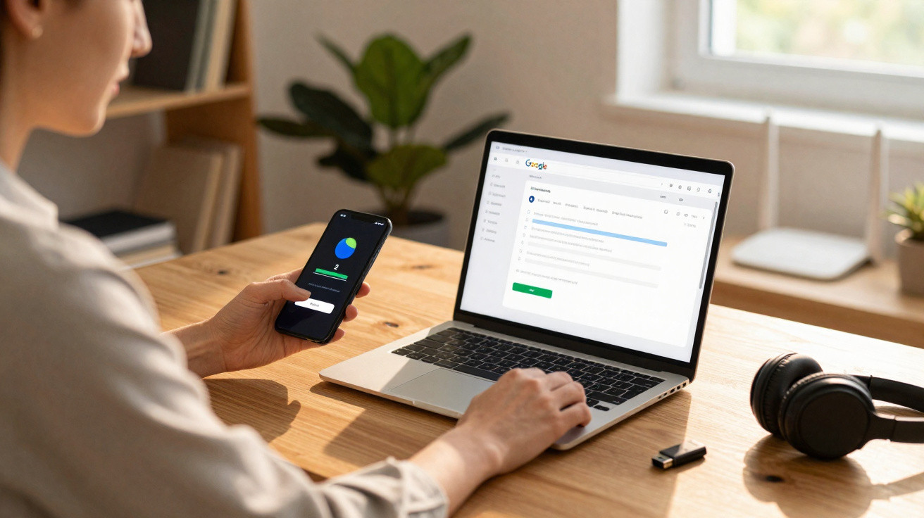 Person sitzt am Holztisch und nutzt Smartphone zur Zwei-Faktor-Authentifizierung an einem Laptop mit Google-Seite.