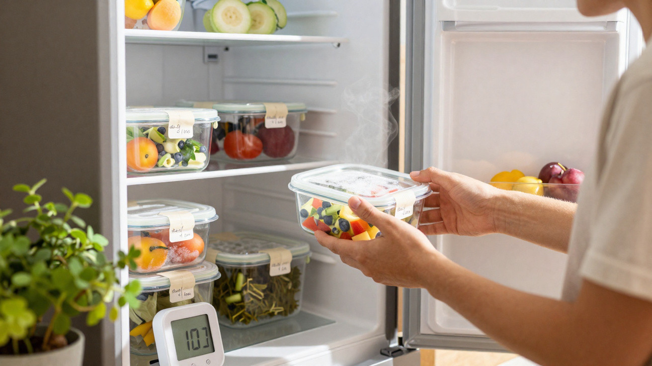 Person legt dampfende Fruchtschale in Kühlschrank mit beschrifteten Vorratsbehältern und Thermometer.