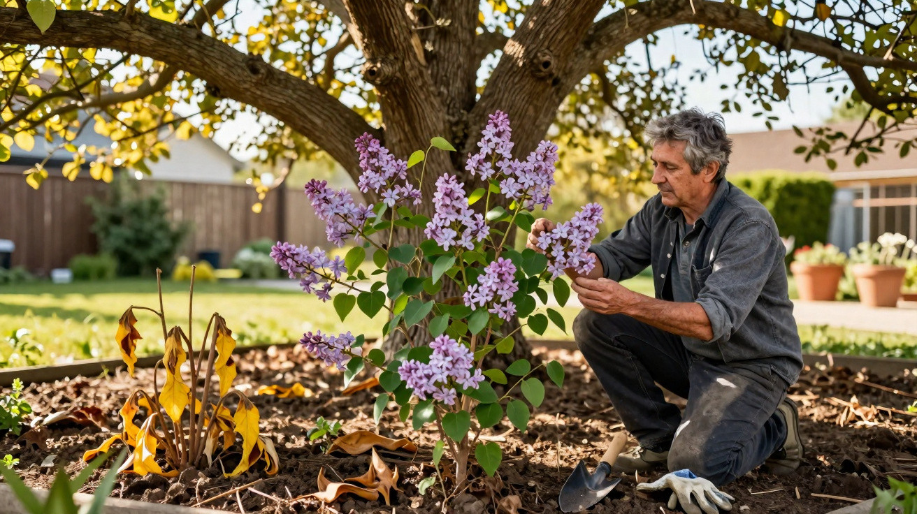 Älterer Mann kniet im Garten und pflegt blühenden Fliederbusch unter großem Baum.