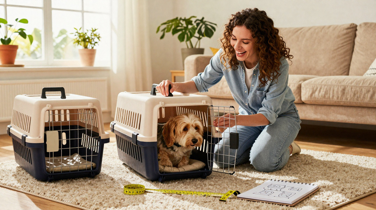 Frau setzt kleinen Hund in Transportbox im Wohnzimmer, neben zwei Boxen und Ma�band auf Teppich.