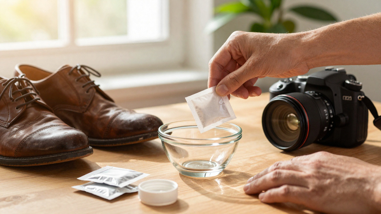 Hand hält Schuhpflege-Tuch über eine Glasschale, braune Lederschuhe und Digitalkamera liegen auf Holztisch.