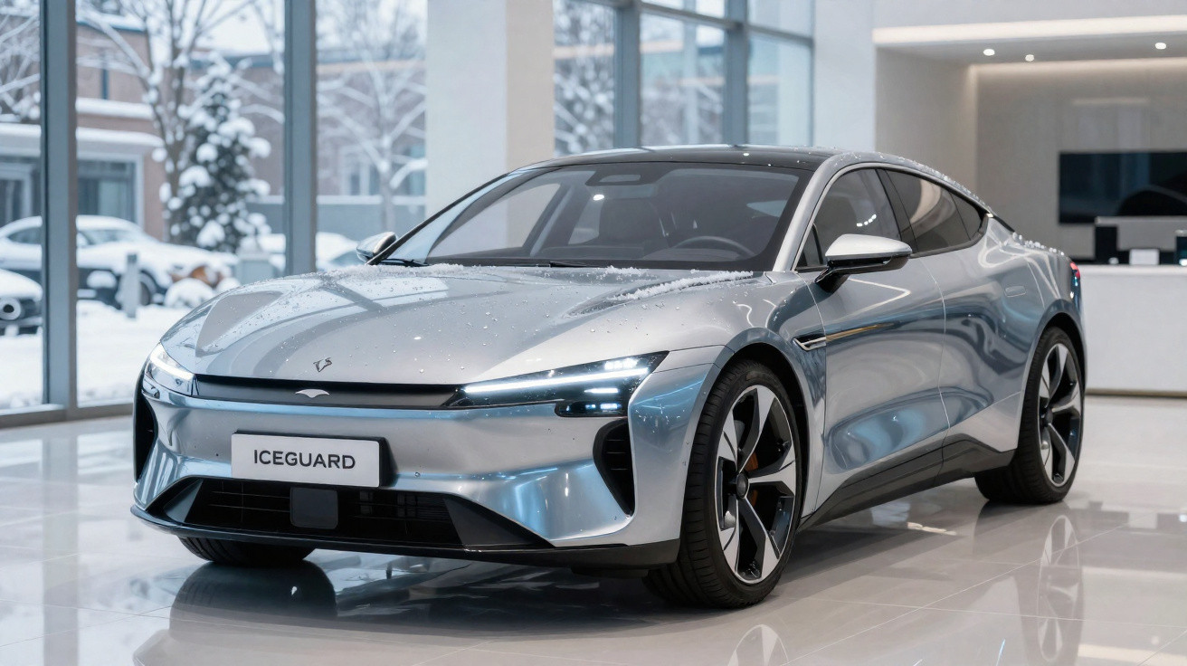 Silberner Elektro-Sportwagen Iceguard steht in einem modernen Showroom mit großen Fenstern.