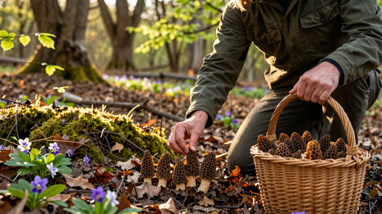 Person sammelt Morcheln mit einem Weidenkorb im herbstlichen Wald auf dem Waldboden.