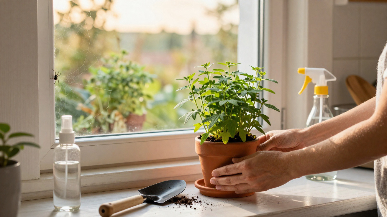 Hände platzieren Pflanze in Blumentopf auf Fensterbank mit Gartenschaufel, Sprühflasche und Spinnennetz.