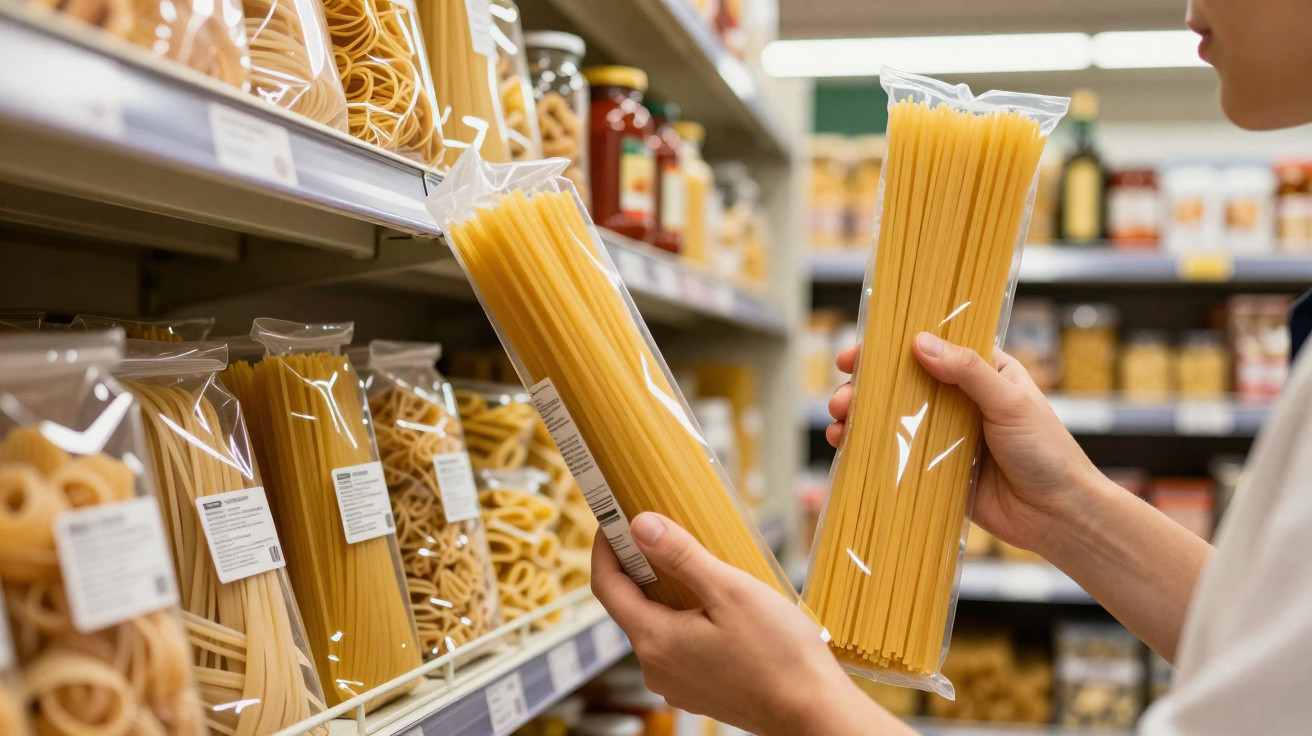 Person wählt Packungen Spaghetti in einem Supermarktregal mit verschiedenen Nudelsorten aus.