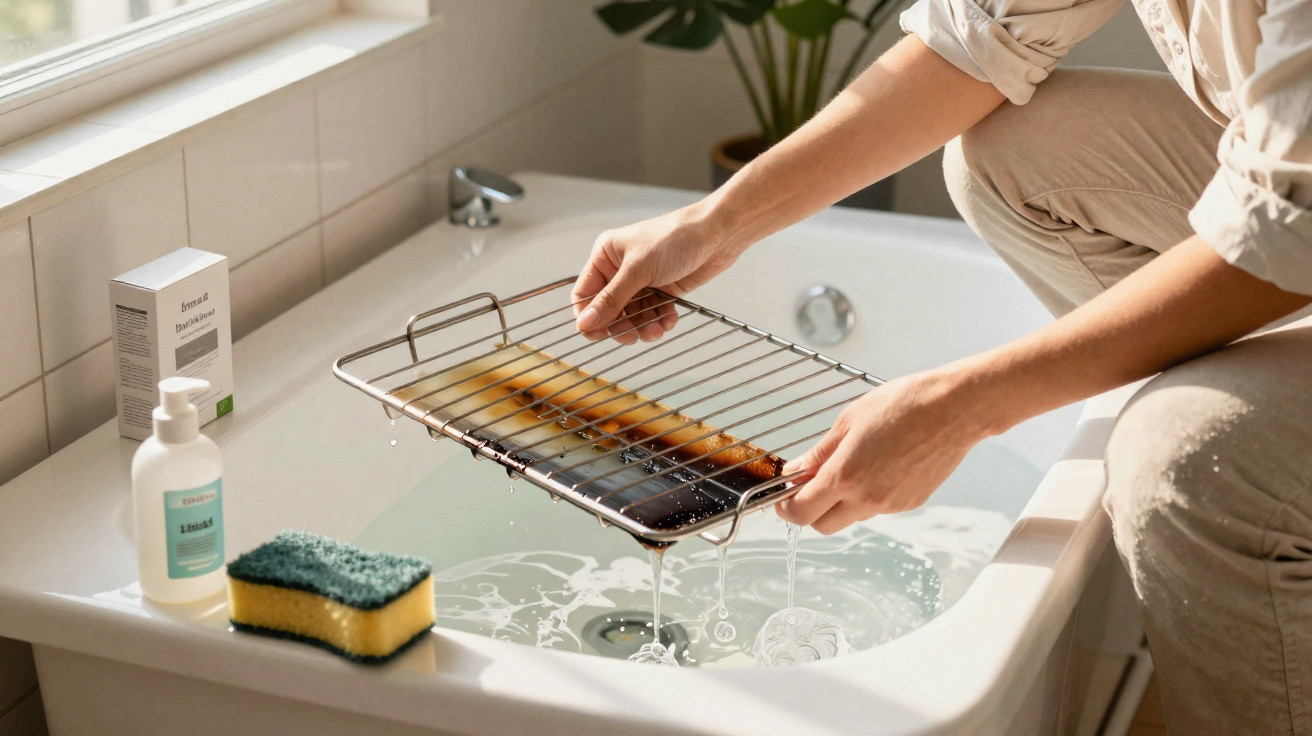 Person reinigt einen verschmutzten Ofenrost über einer gefüllten Badewanne mit Reinigungsmittel und Schwamm.