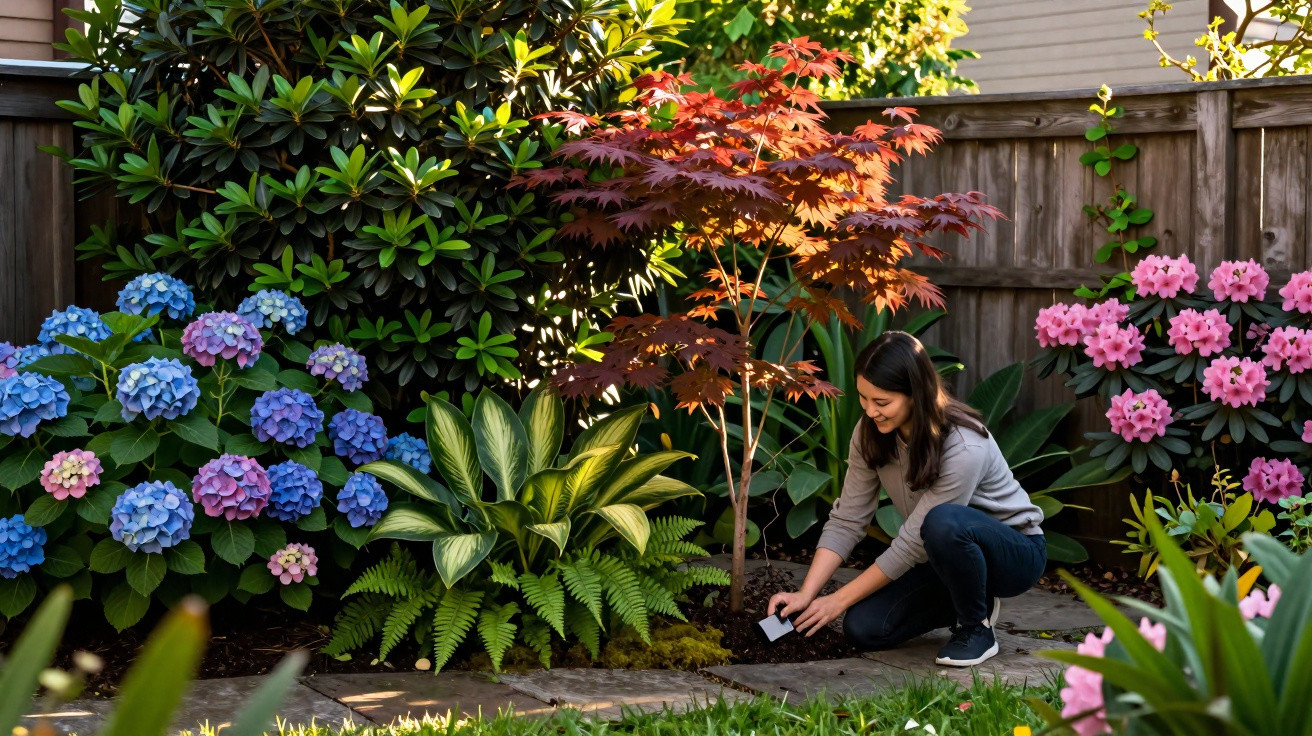 Frau beim Pflanzen eines Baums im blühenden Garten mit bunten Hortensien und Rhododendren.