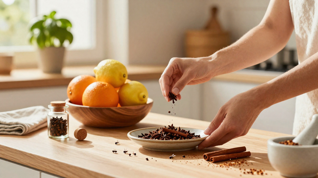 Hände streuen Sternanis auf einen Teller mit Gewürzen, im Hintergrund Obstschale mit Orangen und Zitronen.