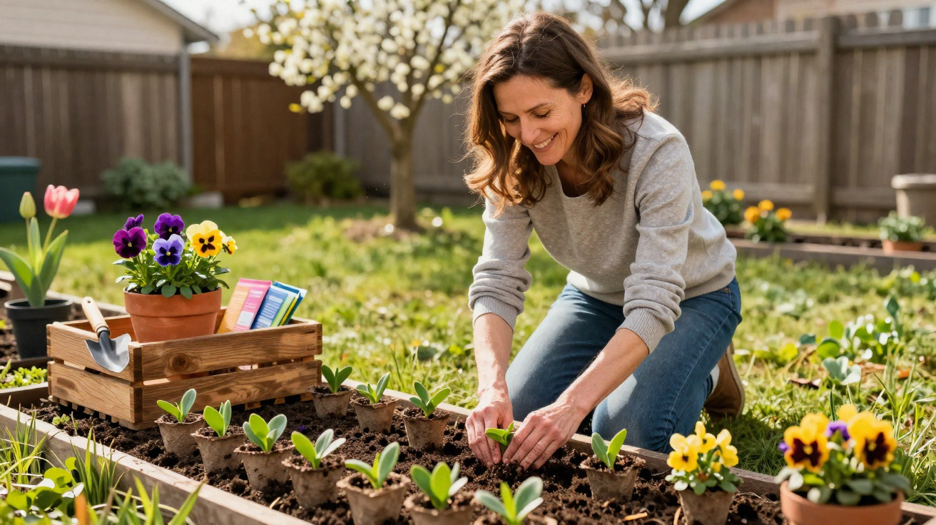 Frau pflanzt Setzlinge in einem Beet im Garten, umgeben von Blumen und Gartenwerkzeug bei Sonnenschein.