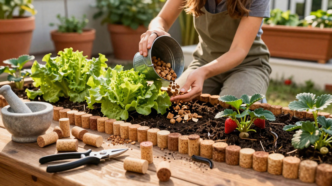 Frau gießt Wasserspeicherkugeln in Hochbeet mit Salat und Erdbeerpflanzen auf Balkon oder Terrasse.