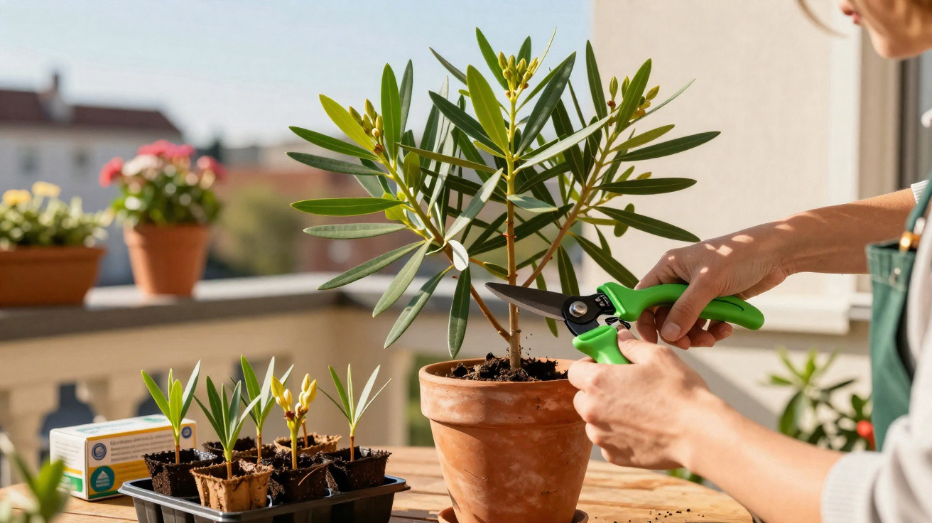 Person schneidet Pflanze in einem Tontopf mit einer grünen Gartenschere auf einem sonnigen Balkon.