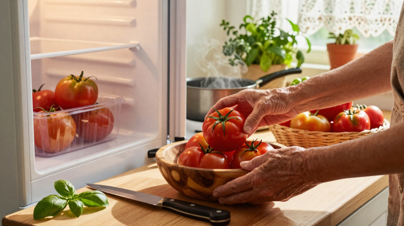 Person legt Tomaten in eine Holzbowl auf der Küchenarbeitsfläche neben einem Messer und frischem Basilikum.