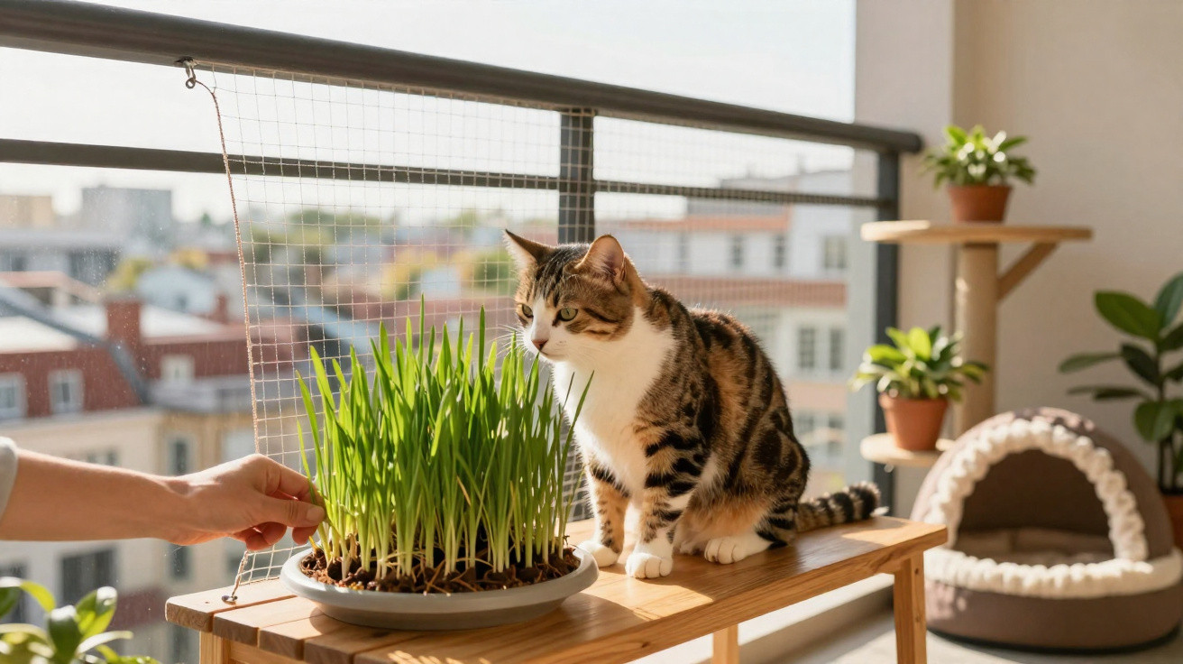 Katze sitzt auf einem Holztisch neben einem Teller mit grünem Gras auf einem Balkon bei Tageslicht.