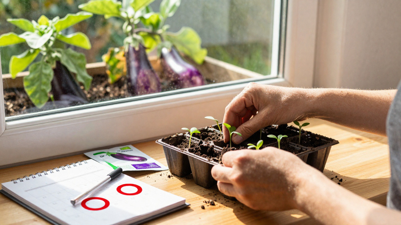 Person pflanzt Setzlinge in Anzuchtschale auf Fensterbank mit Gartenblock und Auberginen draußen.