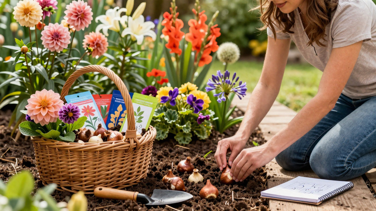Frau pflanzt Blumenzwiebeln im Garten, neben ihr Korb mit Blumensamen und blühenden Blumen.