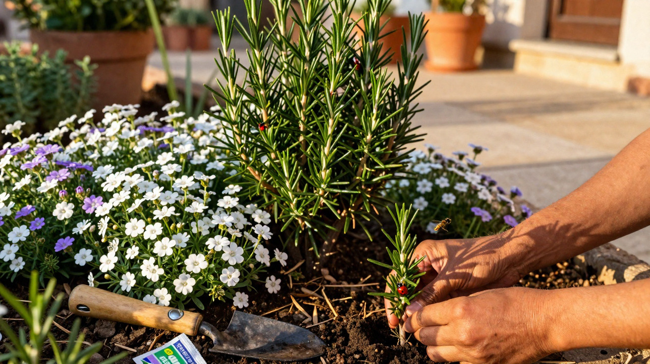 Hände pflanzen Rosmarin in Blumenbeet mit weißen und lila Blüten, Gartenschaufel liegt daneben.